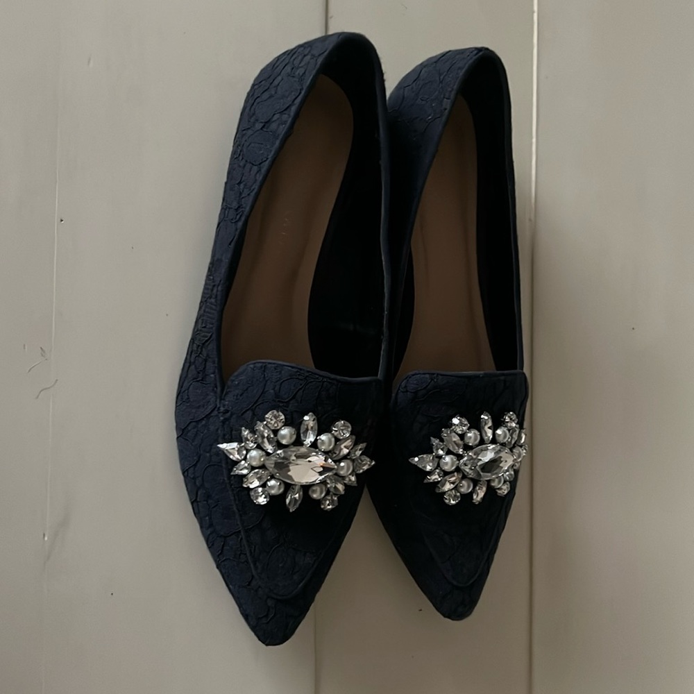 Katie & Kelly Navy Blue Lace Flat with Jewel Toe